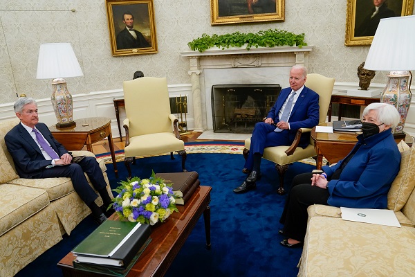 President Joe Biden meets with Treasury Secretary Janet Yellen, right, and Federal Reserve Chairman Jerome Powell in the Oval Office of the White House on Tuesday in Washington. The White House said they discussed the state of the U.S. and global economy and especially inflation, described as Biden’s “top economic priority.” Inflation in the U.S. hit a 40-year high earlier this year. (credit: Evan Vucci, AP)
