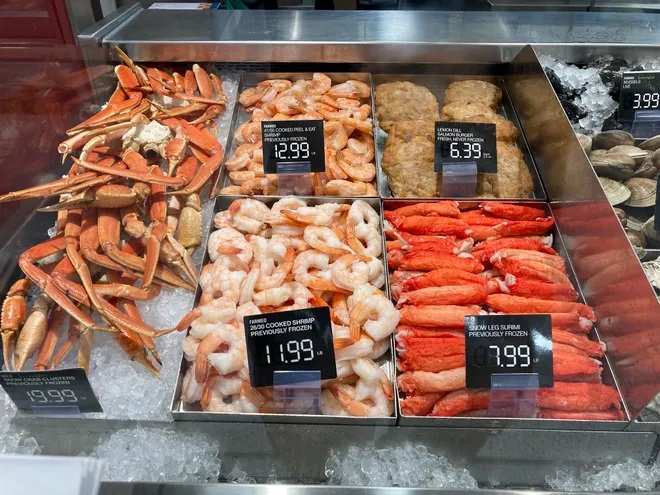 Fresh seafood is shown for sale at a grocery store on July 27, 2022, in Surfside, Fla. Inflation at the wholesale level jumped 8.7% in August from a year earlier, a slowdown from July yet still a painfully high level that suggests prices will keep spiking for months to come. (Wilfredo Lee, AP)