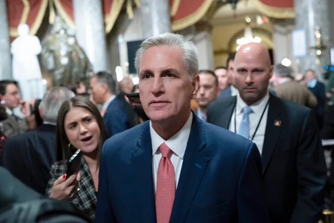 Speaker of the House Kevin McCarthy, R-Calif., leaves the House Chamber on Feb. 7, 2023, in Washington. McCarthy pledged to pass a bill in the House to prioritize certain spending, including interest payments on the national debt. (Jose Luis Magana, AP)