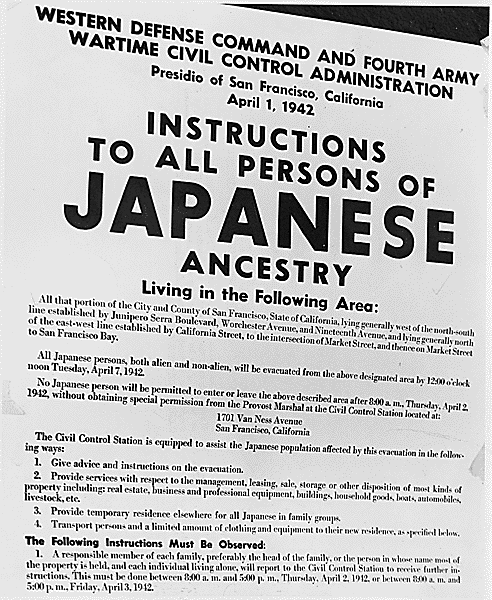 Sign posted notifying people of Japanese descent to report for incarceration
