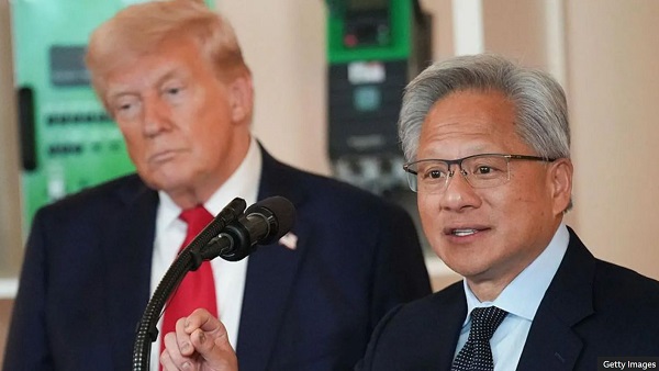 President Trump and Nvidia boss Jensen Huang at a White House event this year. (Getty Images)