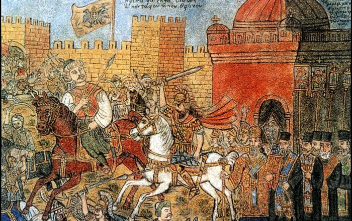 Painting of the Fall of Constantinople, by Theophilos Hatzimihail