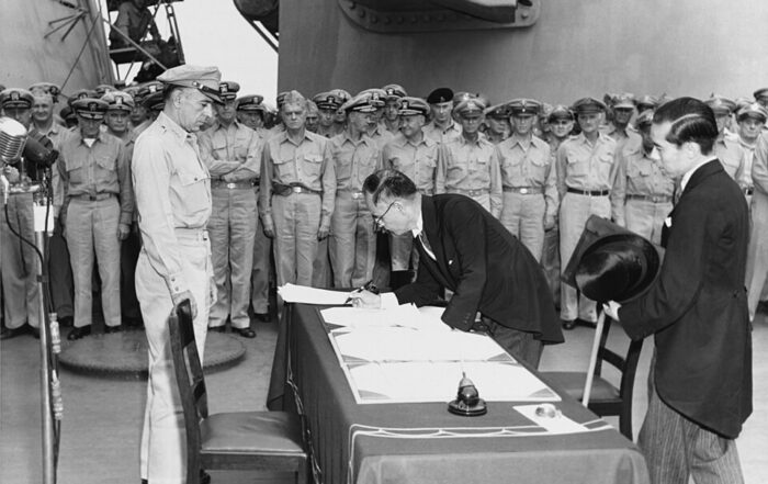 Mamoru Shigemitsu signs the Instrument of Surrender, officially ending the Second World War